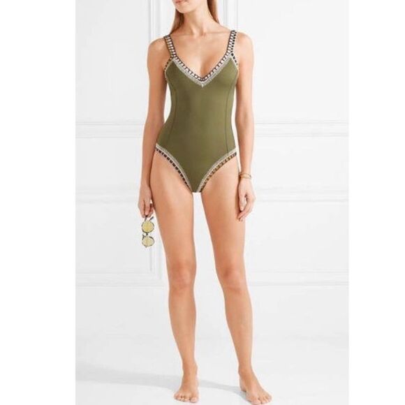 Kiini  Wren Swimsuit Scoop Back Maillot Crochet One Piece High Cut Olive Green S - Picture 6 of 16